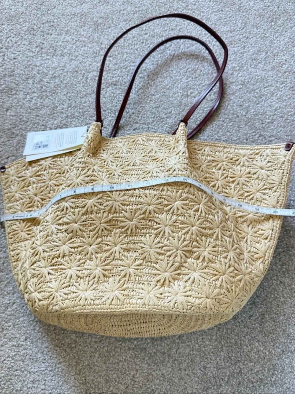 Sezane MARA BASKET in NATURAL RAFFIA EMBROIDERY tote Bag/Brown Leather Handles